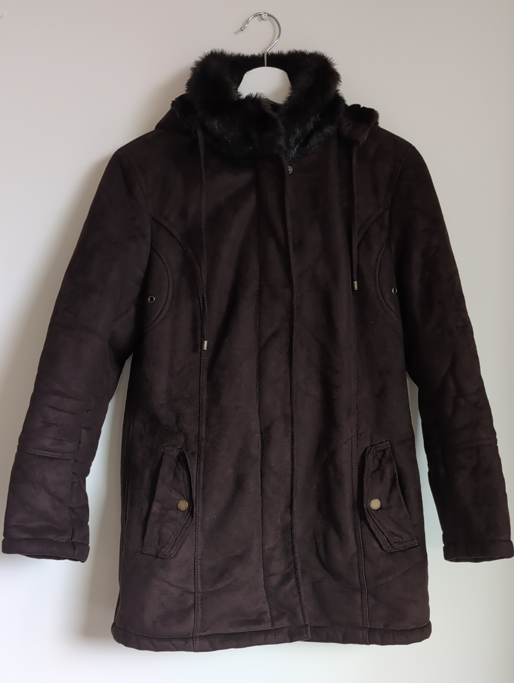 London Fog Dark Brown Hooded Faux-Suede Coat with Fur Trim
